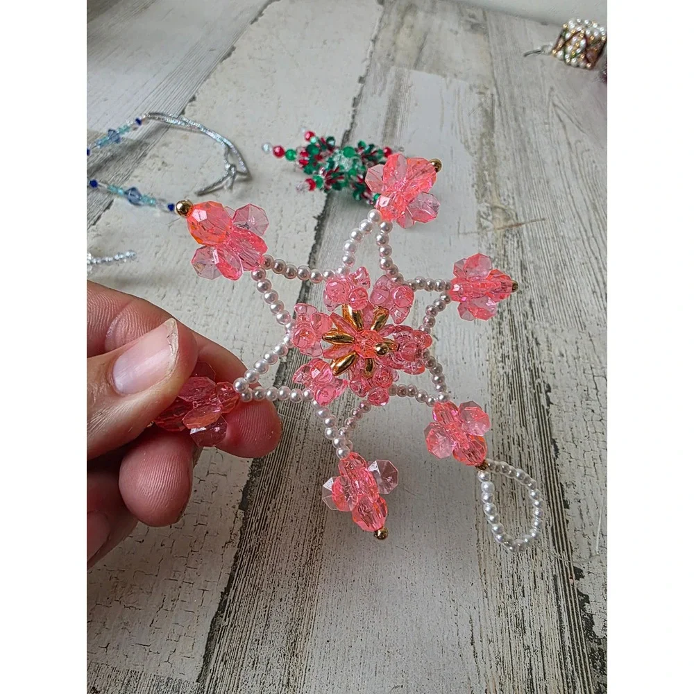 Vintage beaded star ornament pink blue Xmas tree pearls